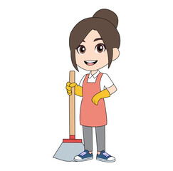 Cartoon Female Cleaning Service Sweeping Vectors Illustration