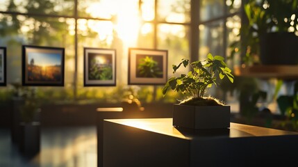 sunlit indoor scene with a potted plant on a pedestal, blurred photos on the background. a serene atmosphere, with warm light filling the room.