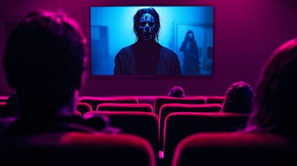 People watching scary movie in cinema.