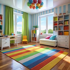 Colorful kids' room, sunny day, striped walls, rainbow rug, playful design, interior design