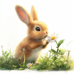 Cute bunny sniffing a bright spring flower in a sunlit meadow, isolated on white
