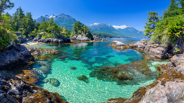 Secluded cove, turquoise water, rocky shore, mountain backdrop, summer vacation
