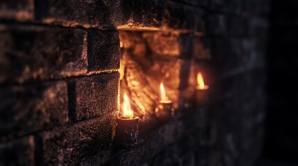 Fototapeta premium Three candles burning in a brick wall alcove scene