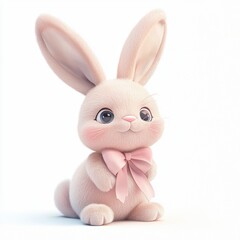 Cute plush bunny with long floppy ears and a pastel-colored ribbon, isolated on white