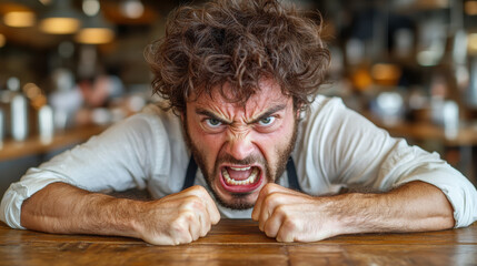 Obraz premium furious man with curly hair expressing anger at restaurant table, showing intense emotions and frustration. His hands are clenched, and he is leaning forward