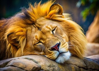 Fototapeta premium Majestic Sleeping Lion Close-Up: Peaceful Wildlife Photography