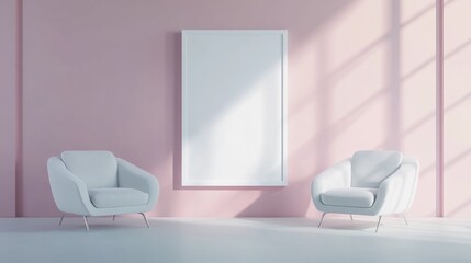 Pink room, white chairs, blank canvas, sunlight, interior design mockup