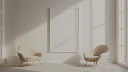 Minimalist living room, two armchairs, blank frame, sunlight