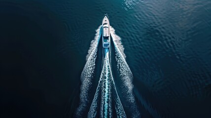 Aerial view of speedboat cutting through deep blue water leaving a white foam trail behind of speed and energy of the boat navigates, creating motion and adventure on the open sea on top view. AIG53.