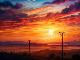 Obraz premium Majestic Sunrise Over Power Lines and Rolling Hills - Dramatic Landscape Photography