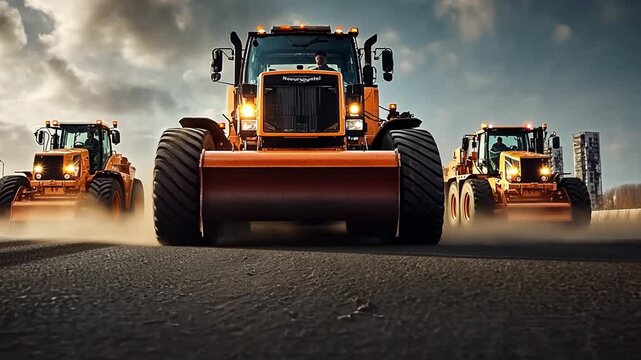 Powerhouse Trio: Three powerful orange tractors dominate the scene, moving in unison across the open road. The front tractor is in focus, showcasing its imposing presence and advanced features.