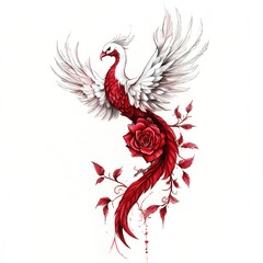 Obraz premium Fiery Phoenix with Vibrant Wings and Tail Perched on a Green Branch with a Red Rose – A Dynamic Symbol of Renewal and Elegance