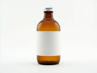 A brown glass bottle stands against a plain background, featuring a blank label, perfect for use in crafting beverages or health products. The bottle's design emphasizes versatility.