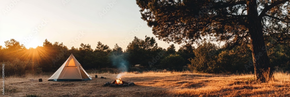 Aufkleber sunset camping experience with a tent and campfire in a serene forest clearing. generative ai