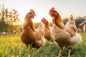 Fototapeta premium Chickens foraging in rural pasture at dawn. Farm birds for agriculture concepts