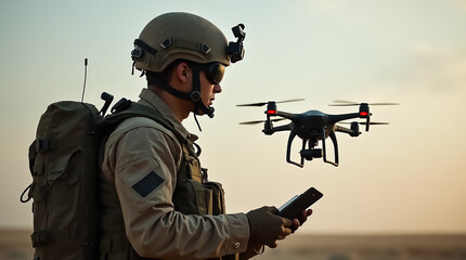 Fototapeta premium A soldier dressed in tactical gear stands in a desert setting, controlling a drone with a smartphone as the sun sets, preparing for aerial reconnaissance.