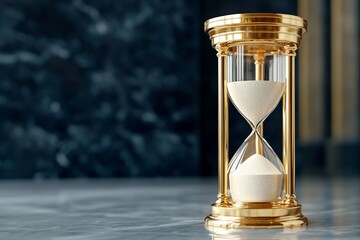 Golden hourglass with sand flowing on a table against a dark marble wall