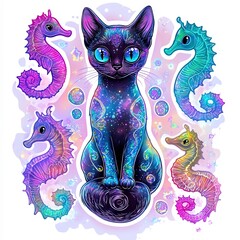 Colorful cosmic cat surrounded by vibrant seahorse companions