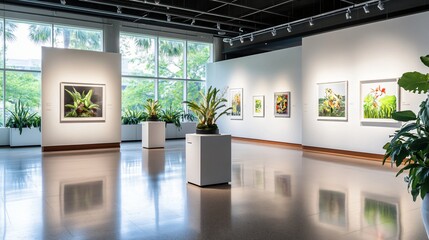 gallery space with floral artwork and plants, featuring reflections on a polished floor. bright interior with natural light.