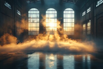Fototapeta premium Industrial Warehouse Interior at Sunrise, Filled with Golden Mist