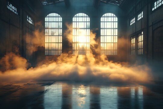 Industrial Warehouse Interior at Sunrise, Filled with Golden Mist
