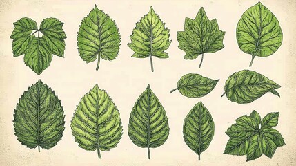 Obraz premium Hand-Drawn Illustration of Various Leaves in Soft Green Tones