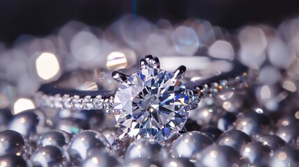 Exquisitely cut round brilliant diamond engagement ring with sixçˆªé‘²æ‰˜æž¶çˆªé‘²æ‰˜æž¶é‘²åµŒåœ¨é“‚é‡‘æŒ‡çŽ¯ä¸Šï¼Œå‘¨å›´çŽ¯ç»•ç€çç é¡¹é“¾ï¼Œåœ¨èšå…‰ç¯ä¸‹é—ªè€€ç€å…‰èŠ’ã€‚