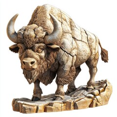 Fototapeta premium Strong bison statue with a rugged texture, isolated on white