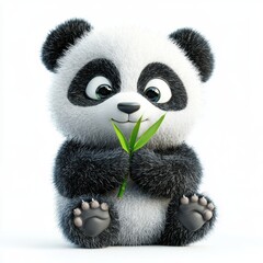 Fototapeta premium Sweet plush panda with black and white fur, holding a tiny bamboo leaf, isolated on white