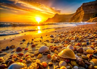Obraz premium Matala Beach Sunset: Macro Photography of Sand, Shells, and Seaweed