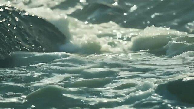 A mesmerizing slow motion video capturing ocean waves delicately streaming coastal rocks offering tranquil hypnotic visual experience eight times reduced speed