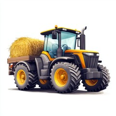 Obraz premium Tractor with oversized wheels and a hay trailer isolated on white