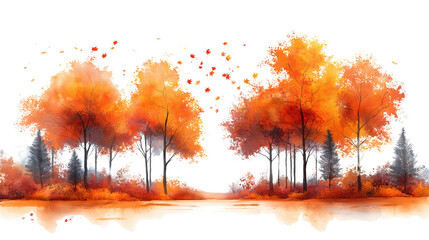 A painting of a forest with trees and leaves in the fall