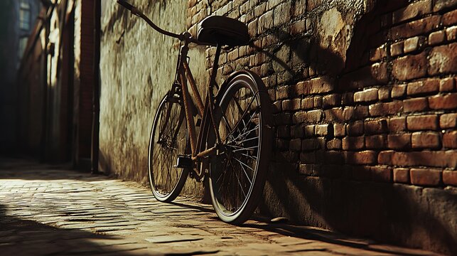 Old bicycle leaning against a brick wall in alleyway