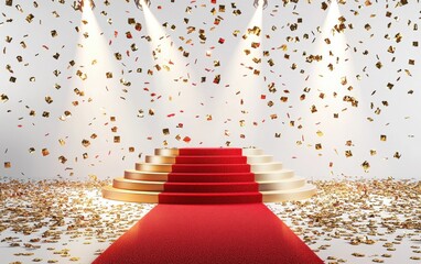 Obraz premium Festive red carpet podium with golden confetti and spotlights, creating a VIP award atmosphere, isolated on white