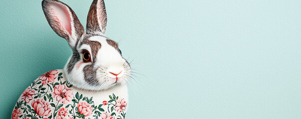 floral patterned rabbit against mint green background, showcasing intricate designs