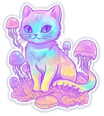 Colorful cat surrounded by jellyfish in a whimsical underwater setting