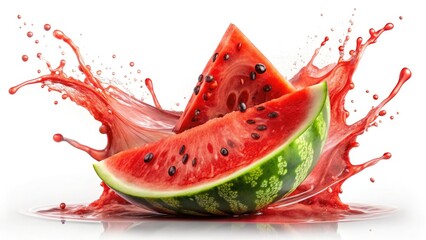 A surreal burst: juicy watermelon slice explodes in a splash of color against a stark white.