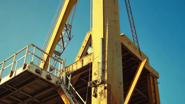 Yellow dock crane detail, blue sky