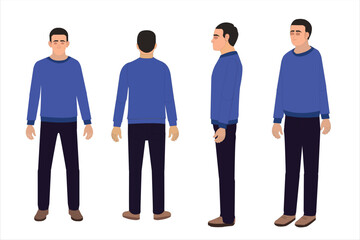 Set of Businessman character in all poses, front, back and side view, Businessman Causal Outfit, 2d character, Vector realistic illustration.