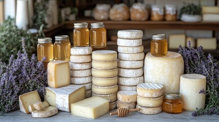 Assorted artisanal cheeses and honey jars displayed on a rustic table with lavender in a cozy shop