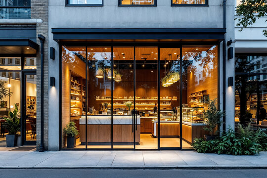 Modern bakery facade with inviting showcases in a vibrant urban district