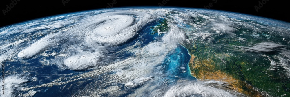 Poster hurricane formation over the pacific ocean with a view of north america and surrounding clouds from 