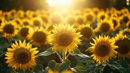 Obraz premium Vibrant Sunflowers Blooming in Golden Sunset Light, Summer Landscape