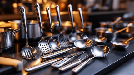 Stainless steel kitchenware display, modern kitchen backdrop, cooking tools, culinary advertisement