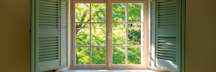 Green Shutters Frame Sunny Window View Of Lush Green Trees