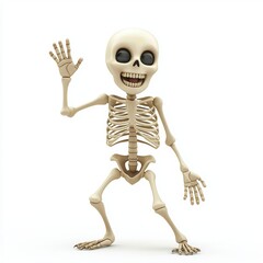 Happy skeleton waving with a big grin isolated on white