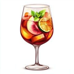 Of Levitating glass of sangria with fruit slices isolated on white