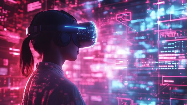 A person wearing a virtual reality headset, fully immersed in a futuristic digital world with glowing neon interfaces and holographic elements surrounding them, representing deep engagement 