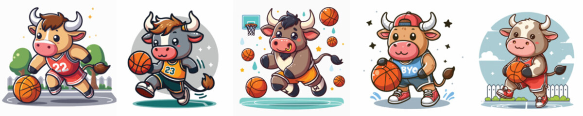 vector of cute bulls playing basketball
